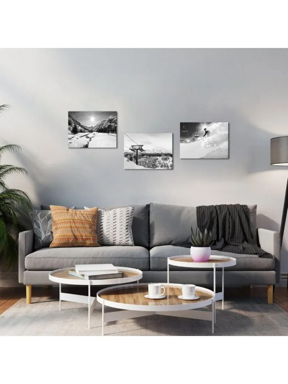 3 Piece Ski Lift Canvas Wall Art Set - Black & White Winter Mountain Decor